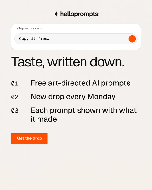 Instagram portrait post for HelloPrompts: "Taste, written down." Swiss style, numbered layout, light palette in white, orange.