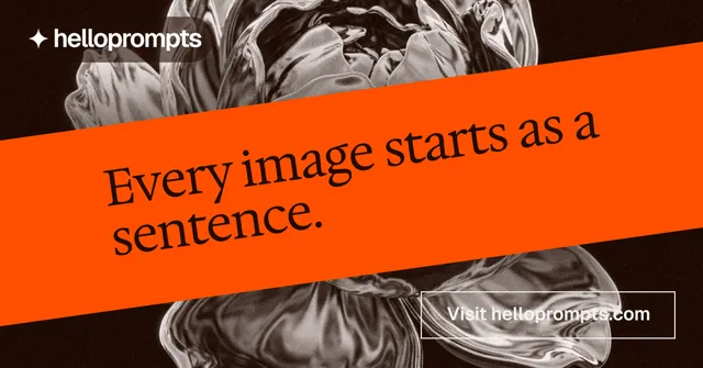 Social ad for HelloPrompts: "Every image starts as a sentence." Editorial style, diagonal layout, dark palette in orange, black, brown.