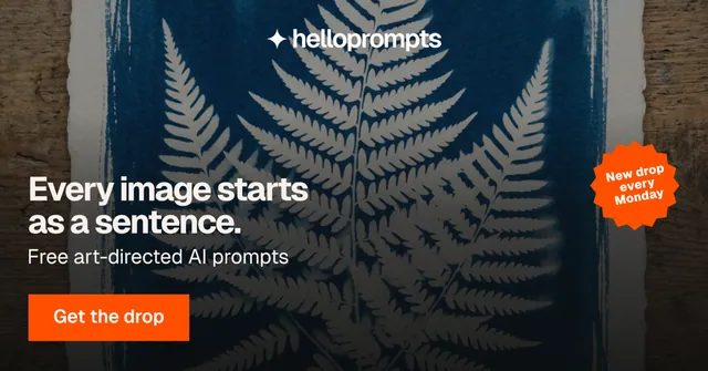 Social ad for HelloPrompts: "Every image starts as a sentence." Swiss style, sticker layout, dark palette in black, grey.