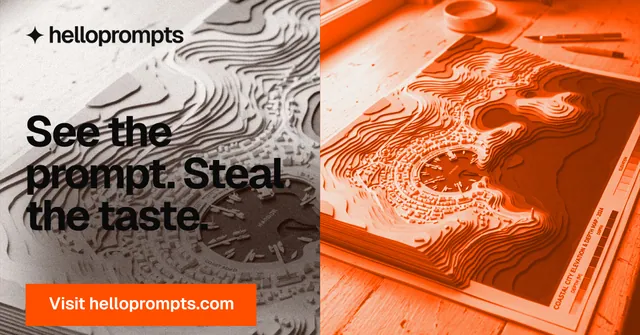 Social ad for HelloPrompts: "See the prompt. Steal the taste." Swiss style, bottom layout, light palette in orange.