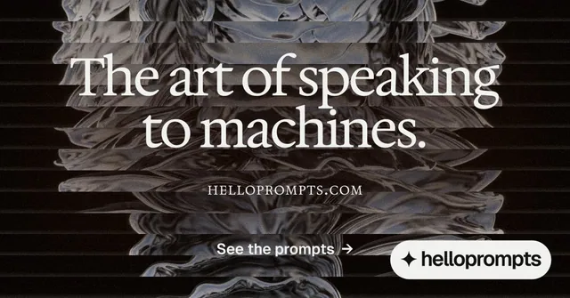 Social ad for HelloPrompts: "The art of speaking to machines." Agentic glass style, smallcaps layout, dark palette in grey, black.