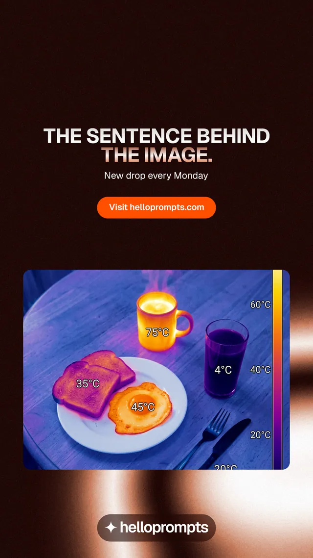 Instagram story for HelloPrompts: "The sentence behind the image." Y2K style, centred layout, dark palette in black, purple, grey.