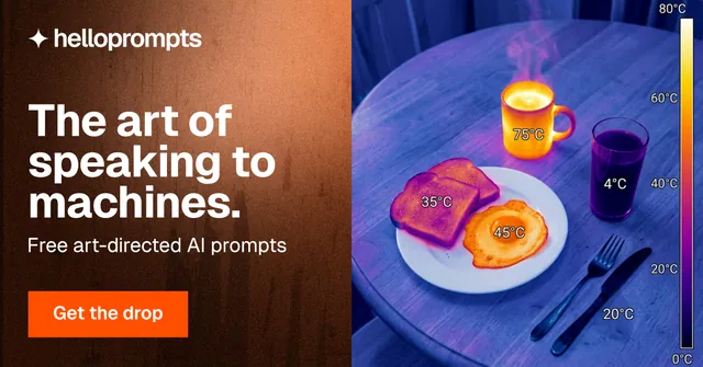 Social ad for HelloPrompts: "The art of speaking to machines." Swiss style, bottom layout, dark palette in blue, orange, purple.