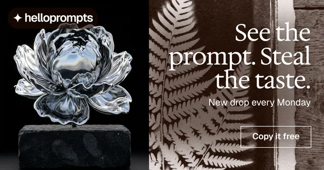 Social ad for HelloPrompts: "See the prompt. Steal the taste." Editorial style, right layout, dark palette in grey, black.