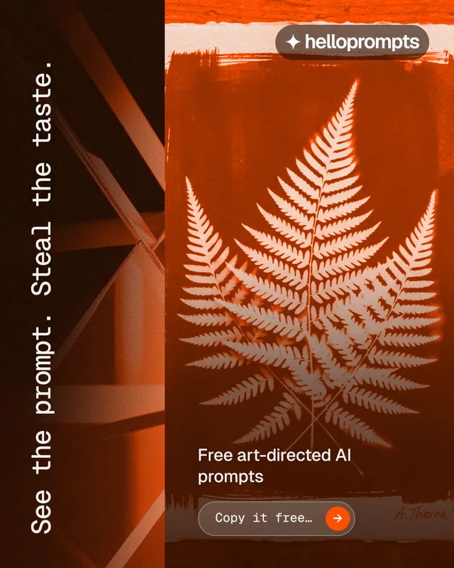 Instagram portrait post for HelloPrompts: "See the prompt. Steal the taste." Agentic glass style, vertical layout, dark palette in black, orange, brown.