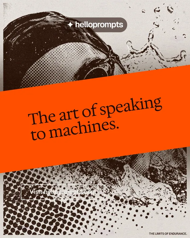 Instagram portrait post for HelloPrompts: "The art of speaking to machines." Editorial style, diagonal layout, light palette in orange, grey, white.