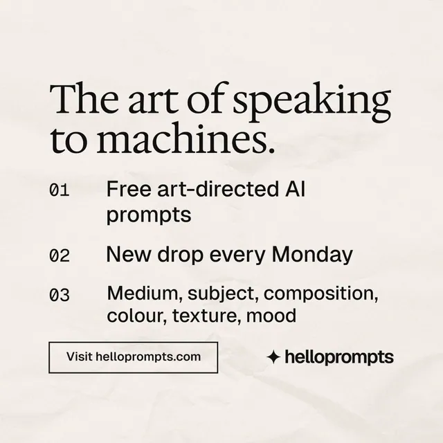 Instagram post for HelloPrompts: "The art of speaking to machines." Editorial style, numbered layout, light palette in white, orange, grey.