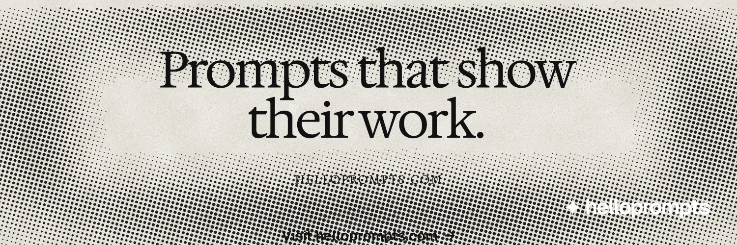 X header for HelloPrompts: "Prompts that show their work." Swiss style, smallcaps layout, light palette in grey, white.