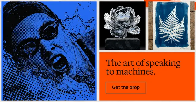 Social ad for HelloPrompts: "The art of speaking to machines." Editorial style, collage layout, dark palette in black, red, blue.