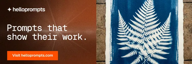 X header for HelloPrompts: "Prompts that show their work." Swiss style, bottom layout, dark palette in orange, blue, grey.