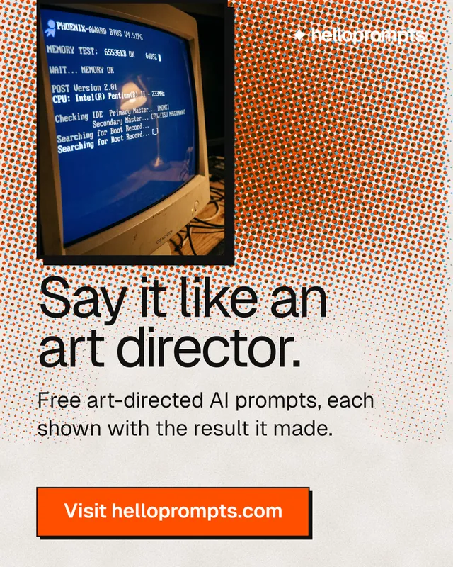 Instagram portrait post for HelloPrompts: "Say it like an art director." Brutalist style, skeleton layout, light palette in brown, red, orange.