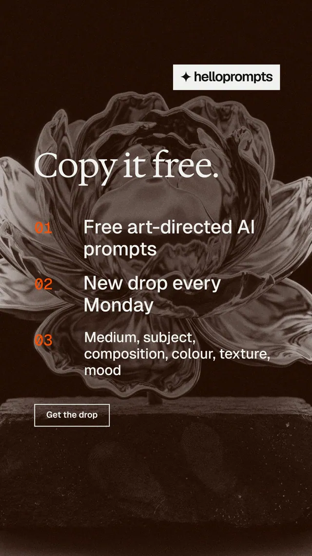 Instagram story for HelloPrompts: "Copy it free." Editorial style, numbered layout, dark palette in black, grey, orange.