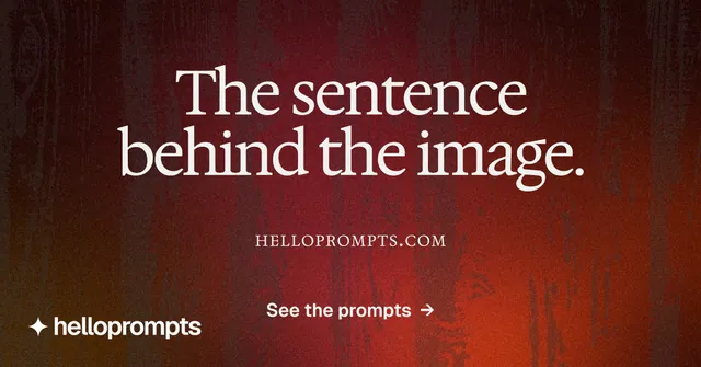 Social ad for HelloPrompts: "The sentence behind the image." Swiss style, smallcaps layout, dark palette in black, red, grey.