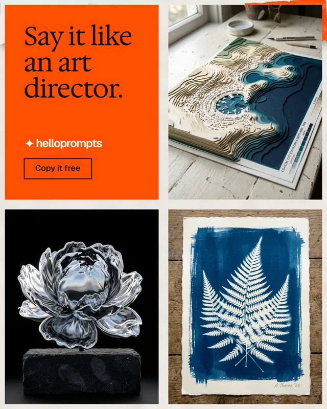Instagram portrait post for HelloPrompts: "Say it like an art director." Editorial style, collage layout, light palette in black, orange, grey.