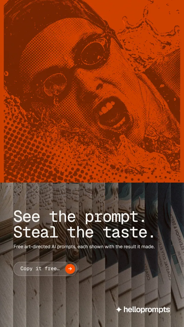Instagram story for HelloPrompts: "See the prompt. Steal the taste." Agentic glass style, bottom layout, dark palette in orange, grey.