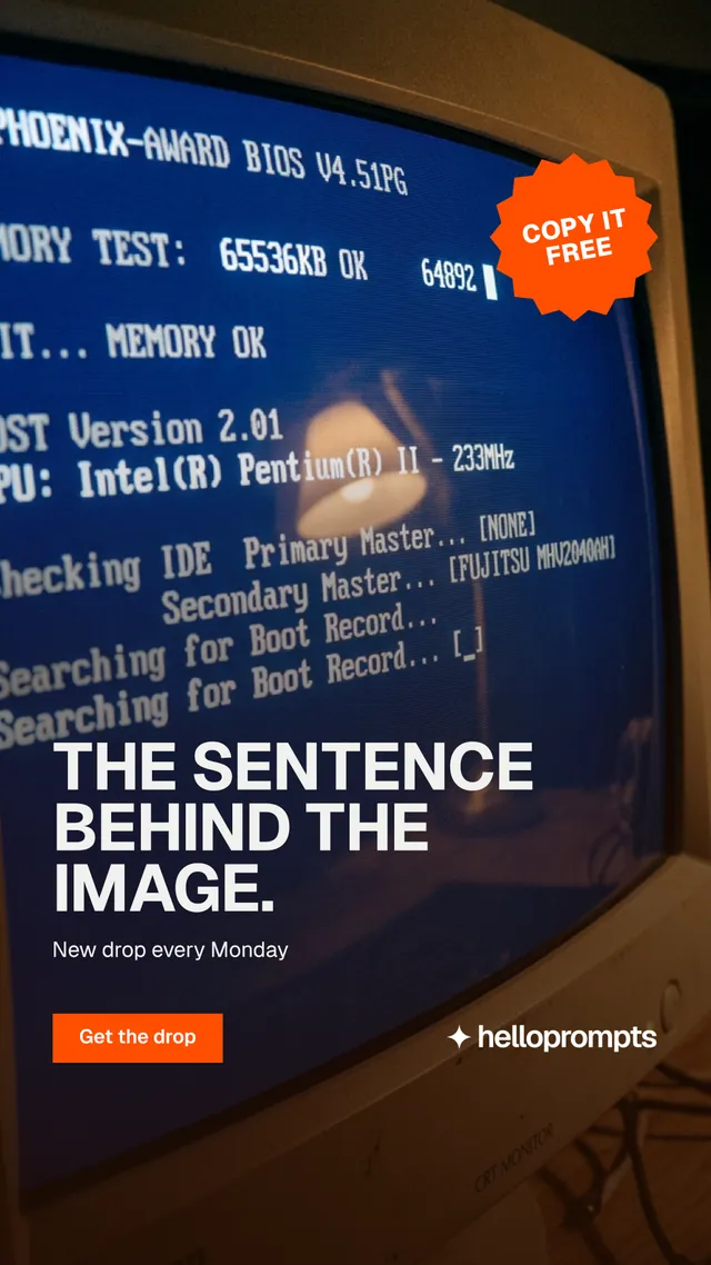 Instagram story for HelloPrompts: "The sentence behind the image." Swiss style, sticker layout, dark palette in orange, blue, grey.