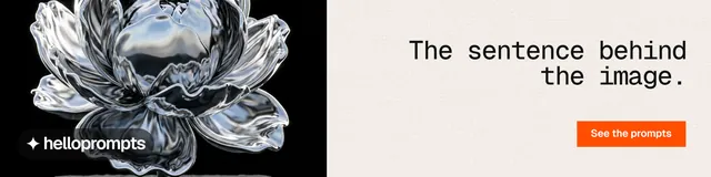 LinkedIn banner for HelloPrompts: "The sentence behind the image." Swiss style, right layout, light palette in white, black, grey.