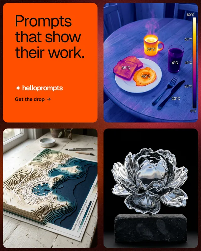 Instagram portrait post for HelloPrompts: "Prompts that show their work." Agentic glass style, collage layout, dark palette in black, red, grey.