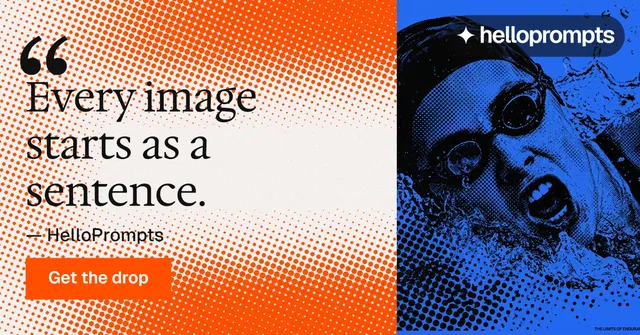 Social ad for HelloPrompts: "Taste, written down." Swiss style, quote layout, light palette in orange, blue.