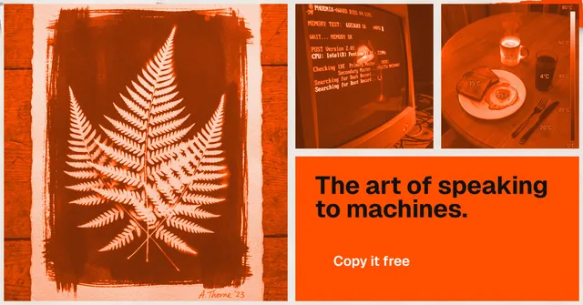 Social ad for HelloPrompts: "The art of speaking to machines." Retro print style, collage layout, light palette in orange.