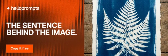 X header for HelloPrompts: "The sentence behind the image." Swiss style, bottom layout, dark palette in orange, black, grey.