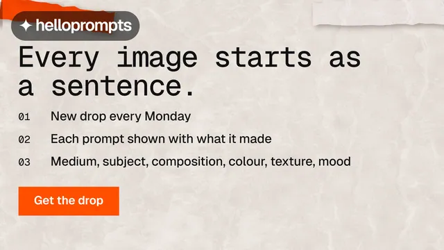 Landscape graphic for HelloPrompts: "Every image starts as a sentence." Swiss style, numbered layout, light palette in orange, white.