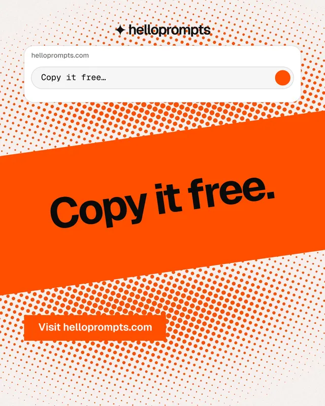 Instagram portrait post for HelloPrompts: "Copy it free." Swiss style, diagonal layout, light palette in orange, white.