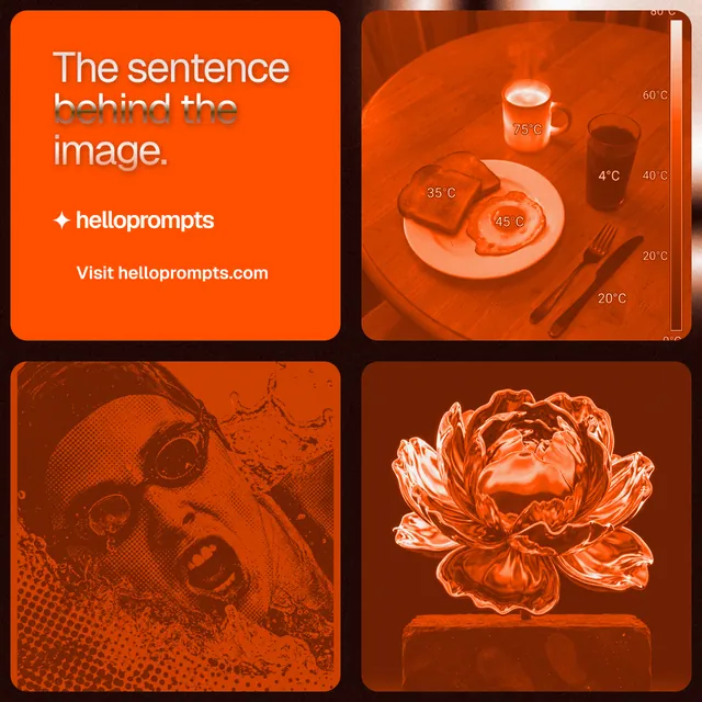 Instagram post for HelloPrompts: "The sentence behind the image." Y2K style, collage layout, dark palette in orange, red.