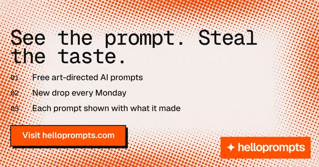 Social ad for HelloPrompts: "See the prompt. Steal the taste." Brutalist style, numbered layout, light palette in orange, white, red.