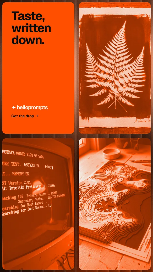 Instagram story for HelloPrompts: "Taste, written down." Agentic glass style, collage layout, dark palette in orange.