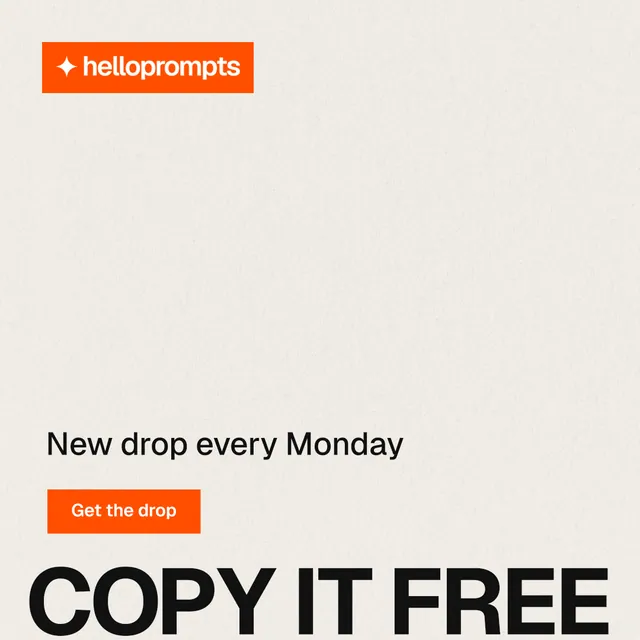 Instagram post for HelloPrompts: "Copy it free." Swiss style, oversized layout, light palette in yellow, orange, white.