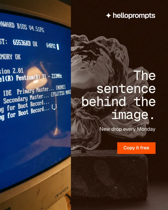Instagram portrait post for HelloPrompts: "The sentence behind the image." Swiss style, right layout, dark palette in black, grey, blue.