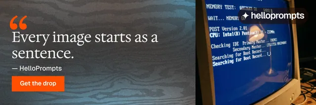 X header for HelloPrompts: "The sentence behind the image." Swiss style, quote layout, dark palette in grey, blue.