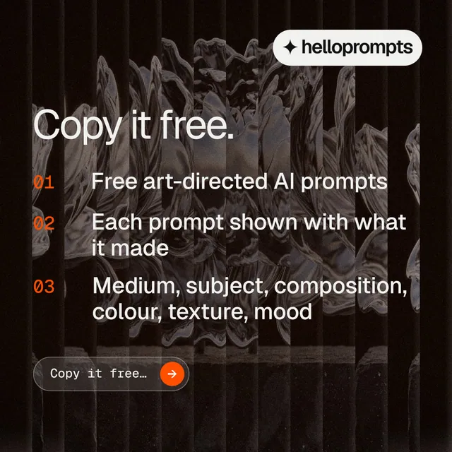Instagram post for HelloPrompts: "Copy it free." Agentic glass style, numbered layout, dark palette in black, grey.