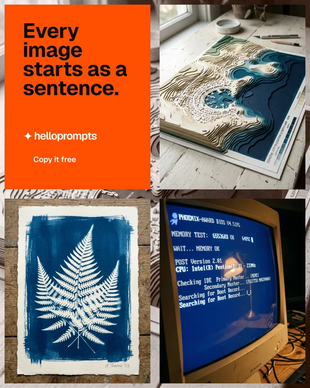 Instagram portrait post for HelloPrompts: "Every image starts as a sentence." Swiss style, collage layout, dark palette in blue, orange, grey.