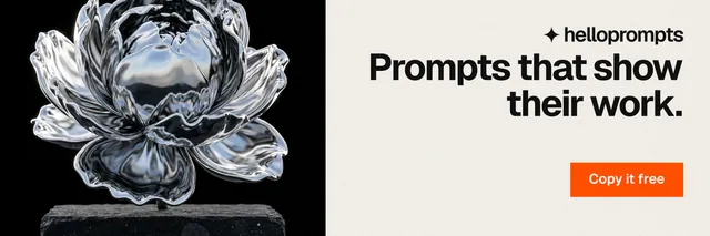 X header for HelloPrompts: "Prompts that show their work." Swiss style, right layout, light palette in white, grey, black.
