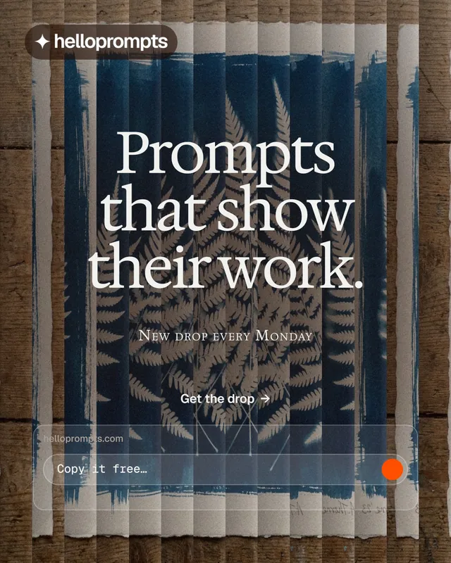 Instagram portrait post for HelloPrompts: "Prompts that show their work." Agentic glass style, smallcaps layout, dark palette in grey, black, orange.