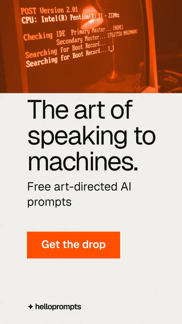 Instagram story for HelloPrompts: "The art of speaking to machines." Swiss style, skeleton layout, light palette in white, orange.