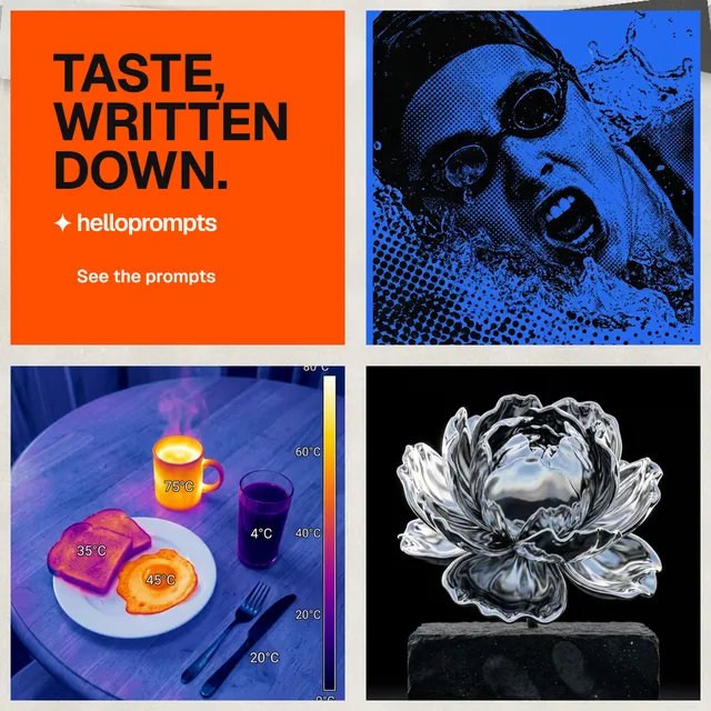 Instagram post for HelloPrompts: "Taste, written down." Swiss style, collage layout, dark palette in black, grey, red.