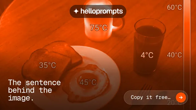 Landscape graphic for HelloPrompts: "The sentence behind the image." Agentic glass style, image led layout, dark palette in orange, brown.