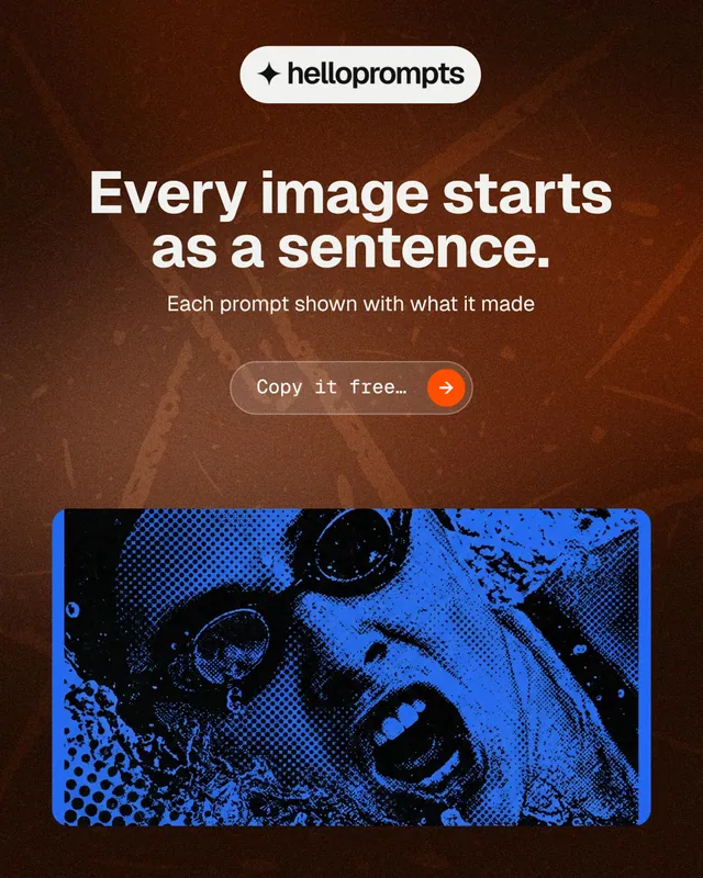 Instagram portrait post for HelloPrompts: "Every image starts as a sentence." Agentic glass style, centred layout, dark palette in orange, black, red.