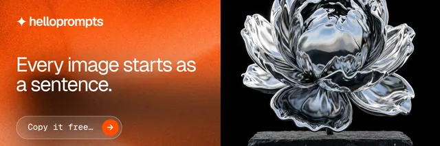 X header for HelloPrompts: "Every image starts as a sentence." Agentic glass style, bottom layout, dark palette in orange, black, grey.