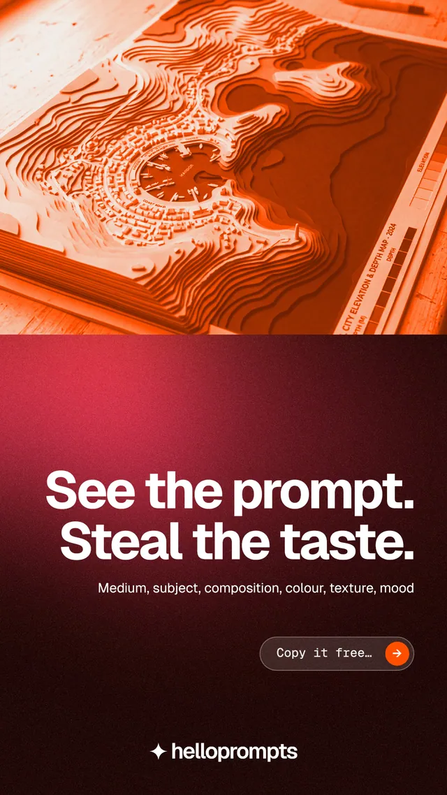 Instagram story for HelloPrompts: "See the prompt. Steal the taste." Agentic glass style, right layout, dark palette in black, red, orange.