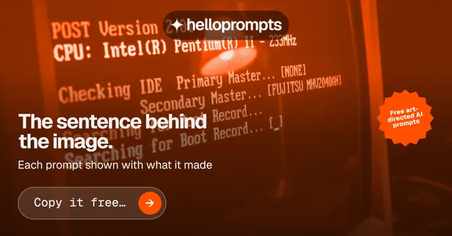Social ad for HelloPrompts: "The sentence behind the image." Agentic glass style, sticker layout, dark palette in orange.