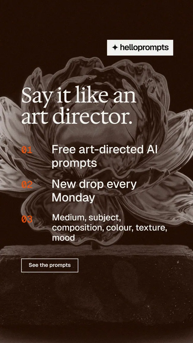 Instagram story for HelloPrompts: "Say it like an art director." Editorial style, numbered layout, dark palette in orange, black, grey.