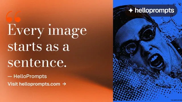 Landscape graphic for HelloPrompts: "Say it like an art director." Minimal luxury style, quote layout, dark palette in orange, blue, grey.