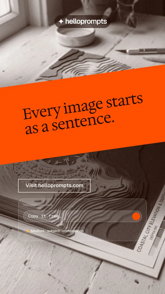 Instagram story for HelloPrompts: "Every image starts as a sentence." Editorial style, diagonal layout, light palette in orange, grey, white.