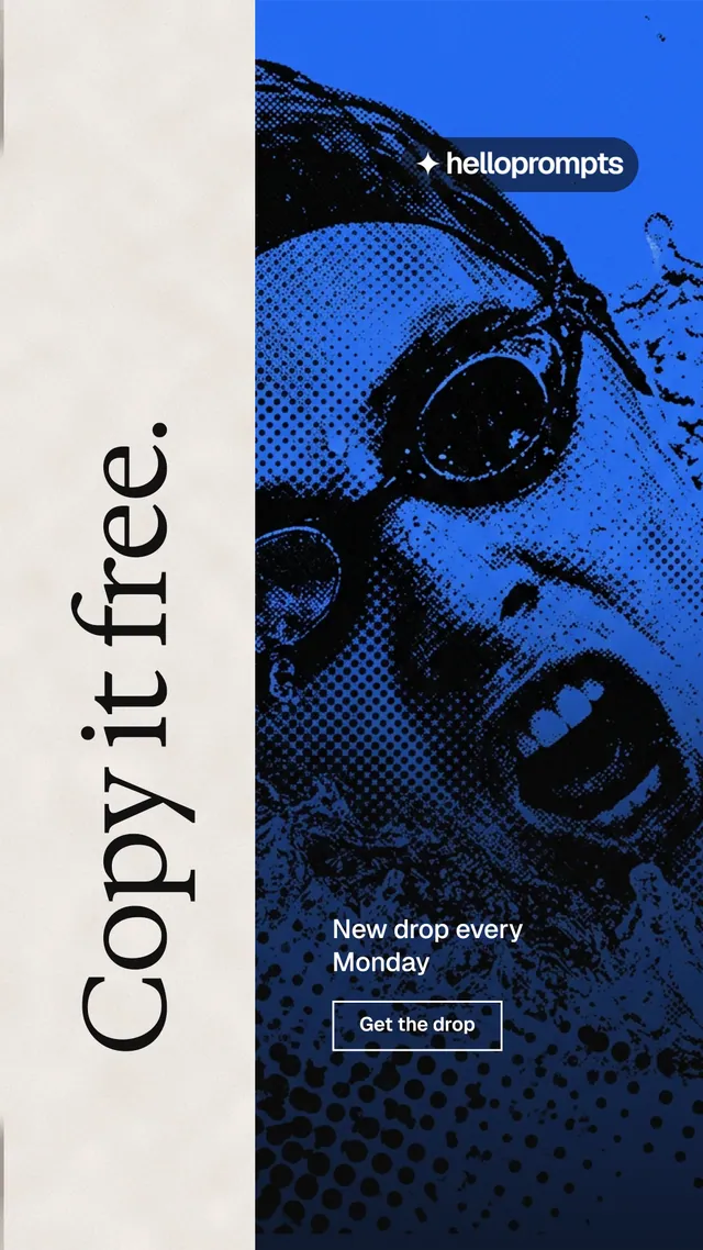 Instagram story for HelloPrompts: "Copy it free." Editorial style, vertical layout, light palette in black, blue, orange.
