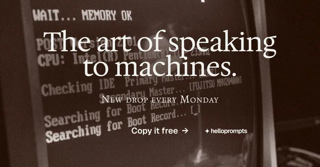 Social ad for HelloPrompts: "The art of speaking to machines." Swiss style, smallcaps layout, dark palette in orange, black, grey.