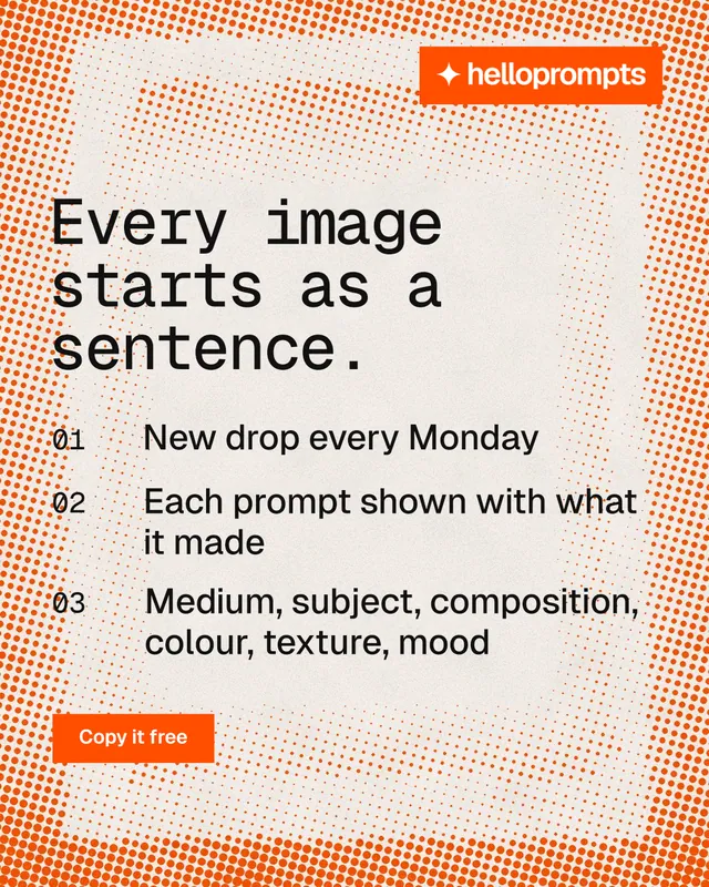 Instagram portrait post for HelloPrompts: "Every image starts as a sentence." Swiss style, numbered layout, light palette in orange, white.